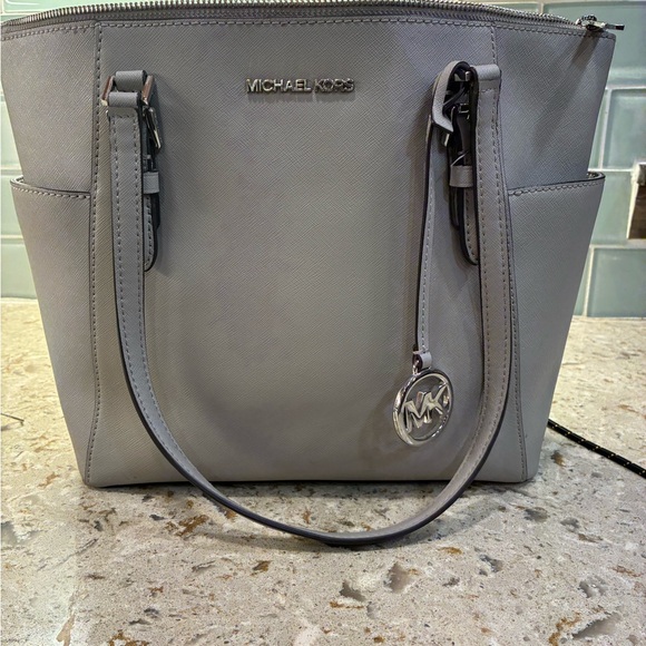 Michael Kors Handbags - Michael Kors Light Gray Saffiano Leather Tote with MK Charm
